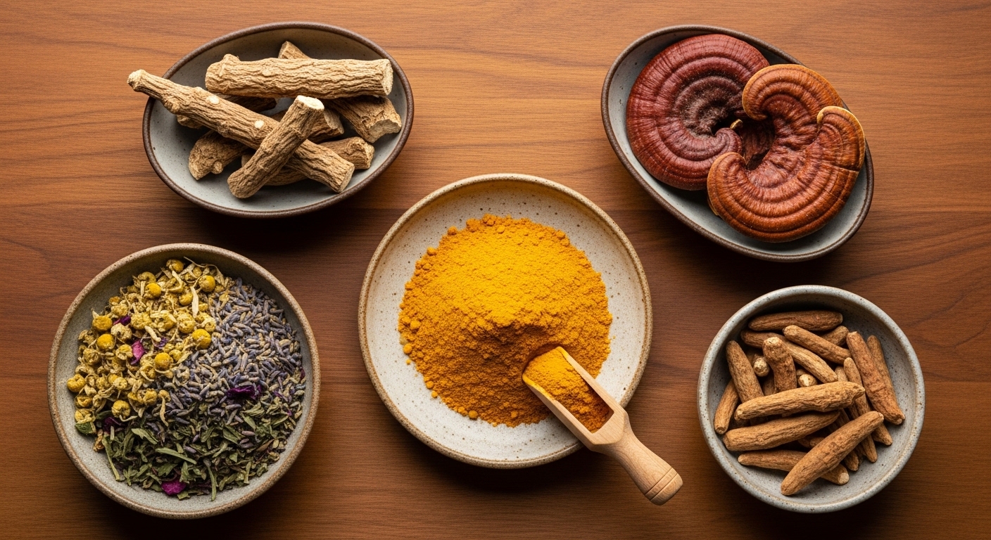 ترتيب لأعشاب ومساحيق تكيفية في أوعية صغيرة على سطح خشبي، بما في ذلك جذور الأشواغاندا (Ashwagandha) وفطر الريشي (Reishi).