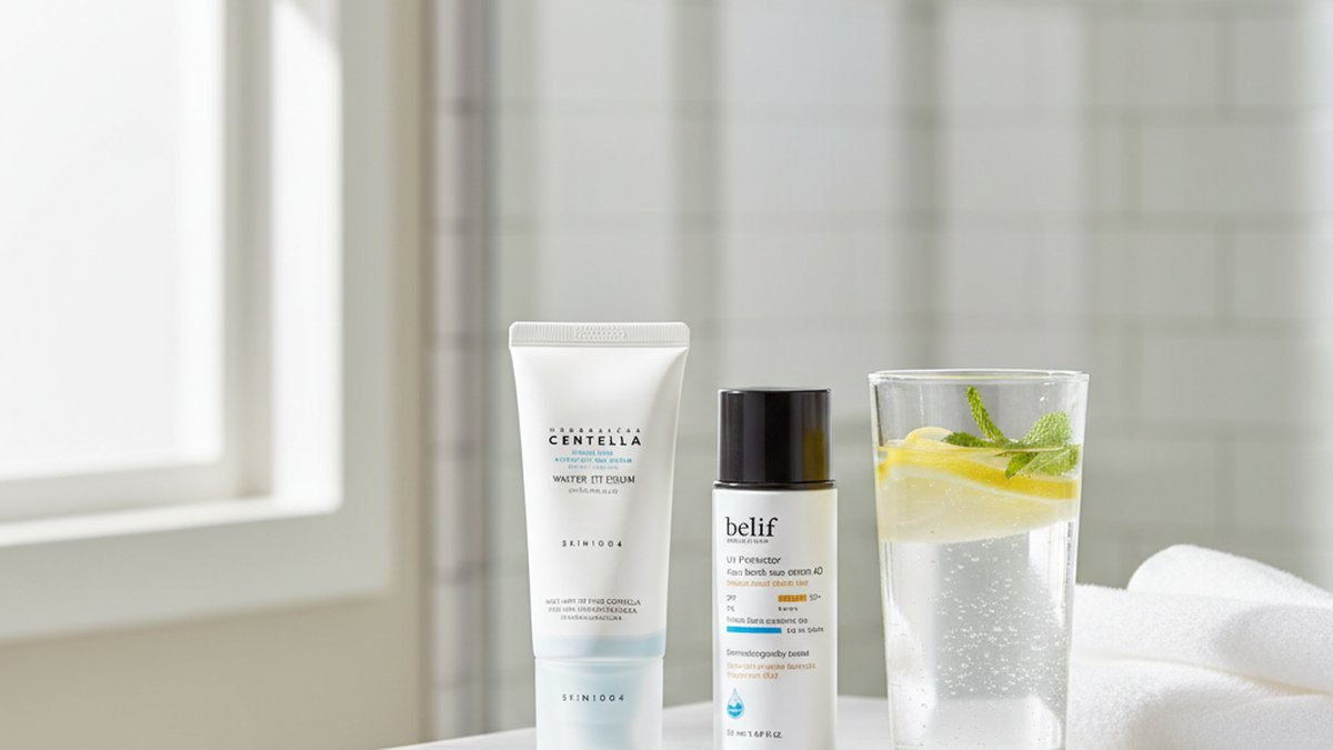 منضدة حمام مشرقة عليها منتجات العناية بالبشرة الصباحية، وكوب ماء بالليمون، وضوء صباحي ناعم.