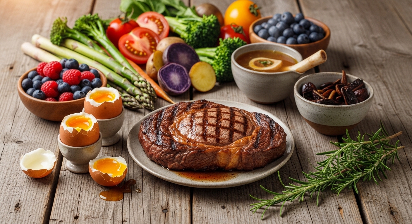 طاولة خشبية عليها أطعمة طبيعية كاملة؛ شريحة لحم مشوية، بيض، خضروات موسمية، مرق عظام، وتوت طازج.