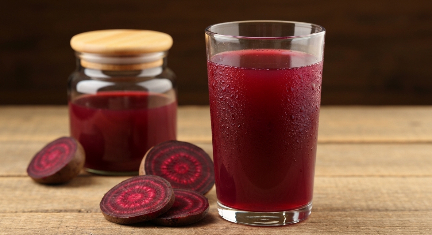 كوب من كفاس الشمندر أحمر داكن مع شمندر طازج ووعاء زجاجي (برطمان ميسون) على سطح خشبي.