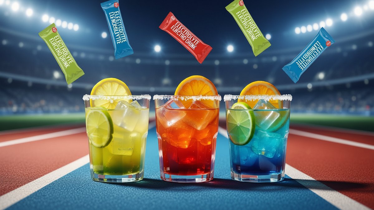 Paquets et bouteilles de boissons électrolytiques colorées disposés à côté de chaussures de course et d'une bouteille d'eau