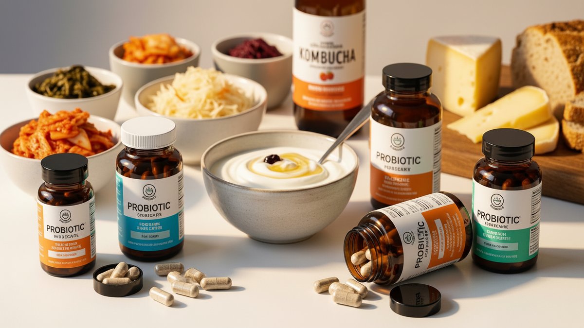 كبسولات مكملات البروبيوتيك بجانب الأطعمة المخمرة مثل الزبادي والكيمتشي