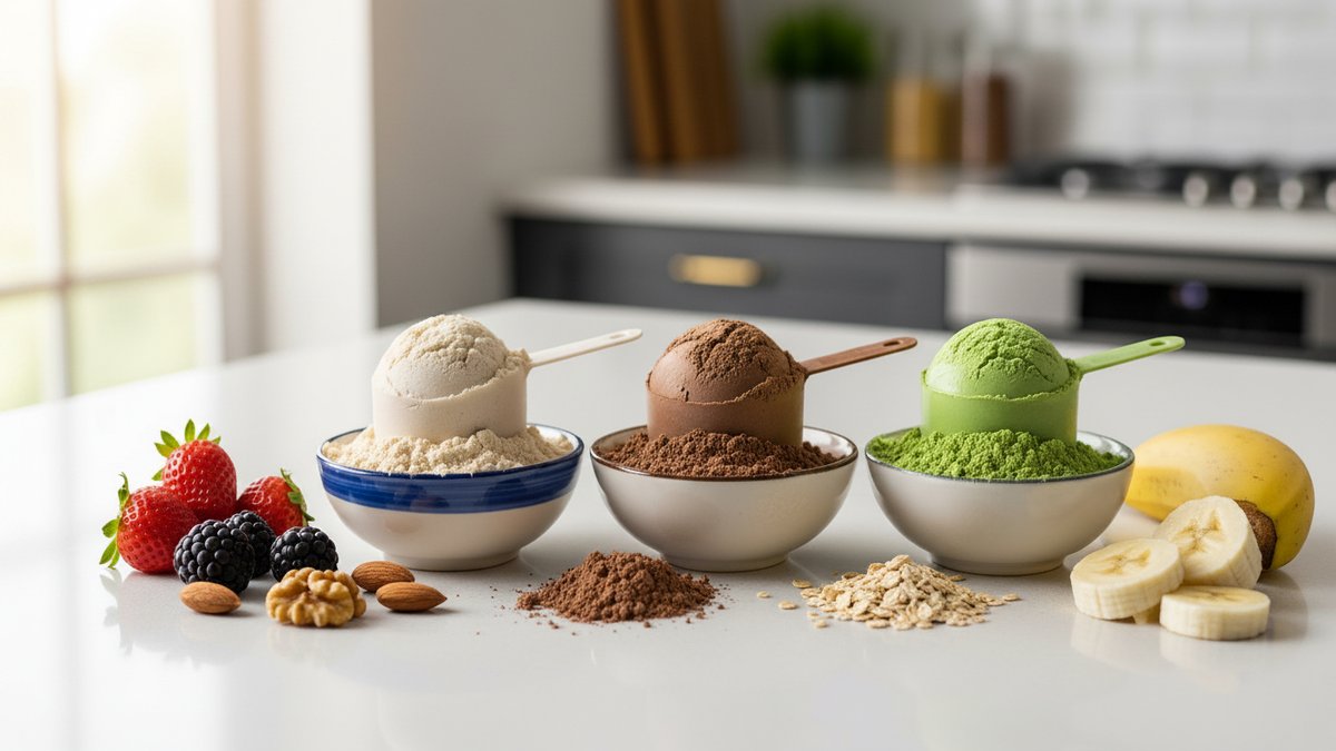 مغارف من مسحوق بروتين مصل اللبن (whey) والبروتين النباتي بجانب مكونات طازجة على طاولة المطبخ
