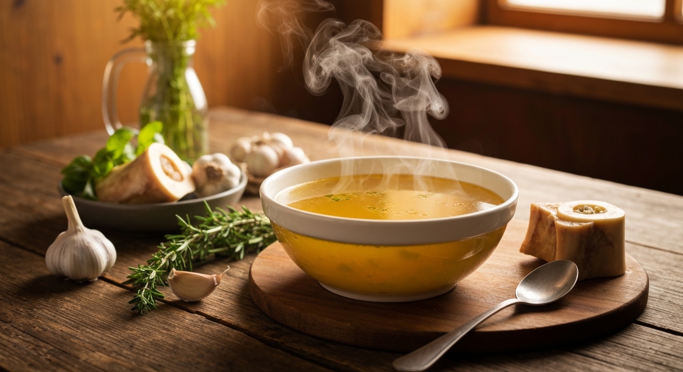 وعاء بخاري من مرق العظام الذهبي مع الأعشاب والخضروات على طاولة مطبخ ريفية.