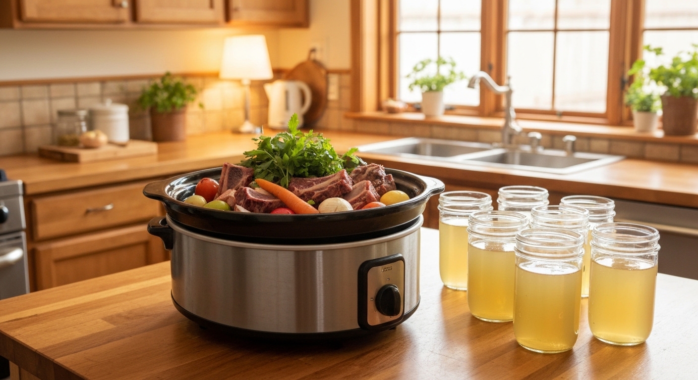 وعاء دافئ من مرقة العظام تظهر فيه قوام هلامي غني بالكولاجين مع أعشاب طازجة.