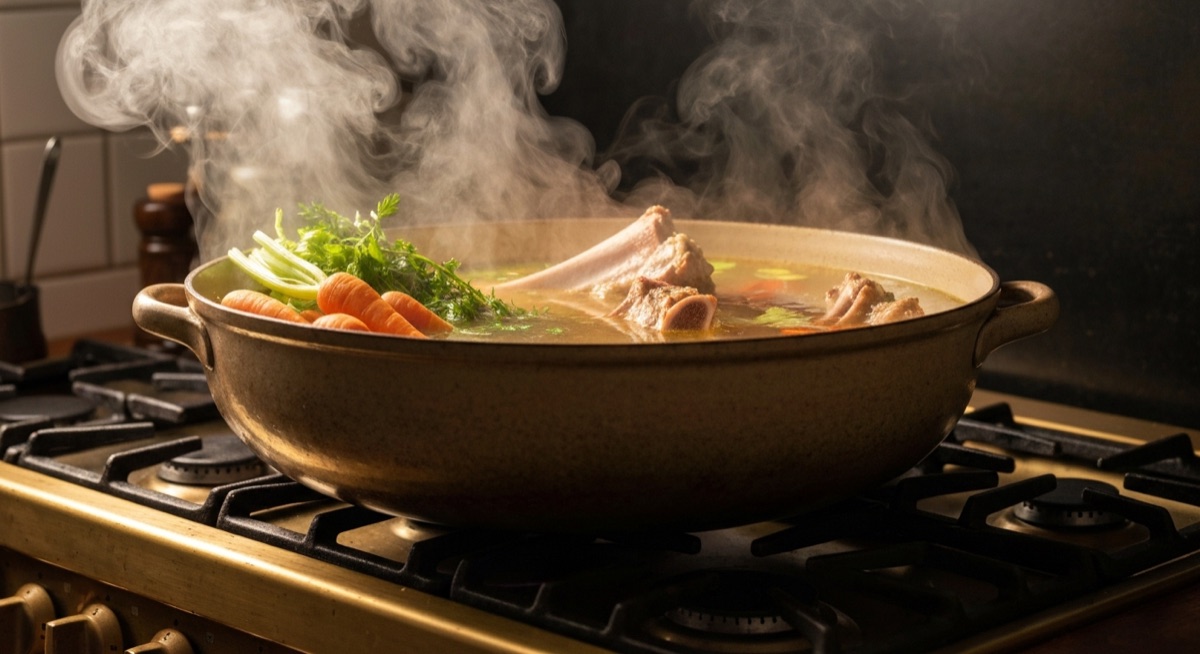 Pot of golden bone broth simmering with vegetables and herbs on a stovetop