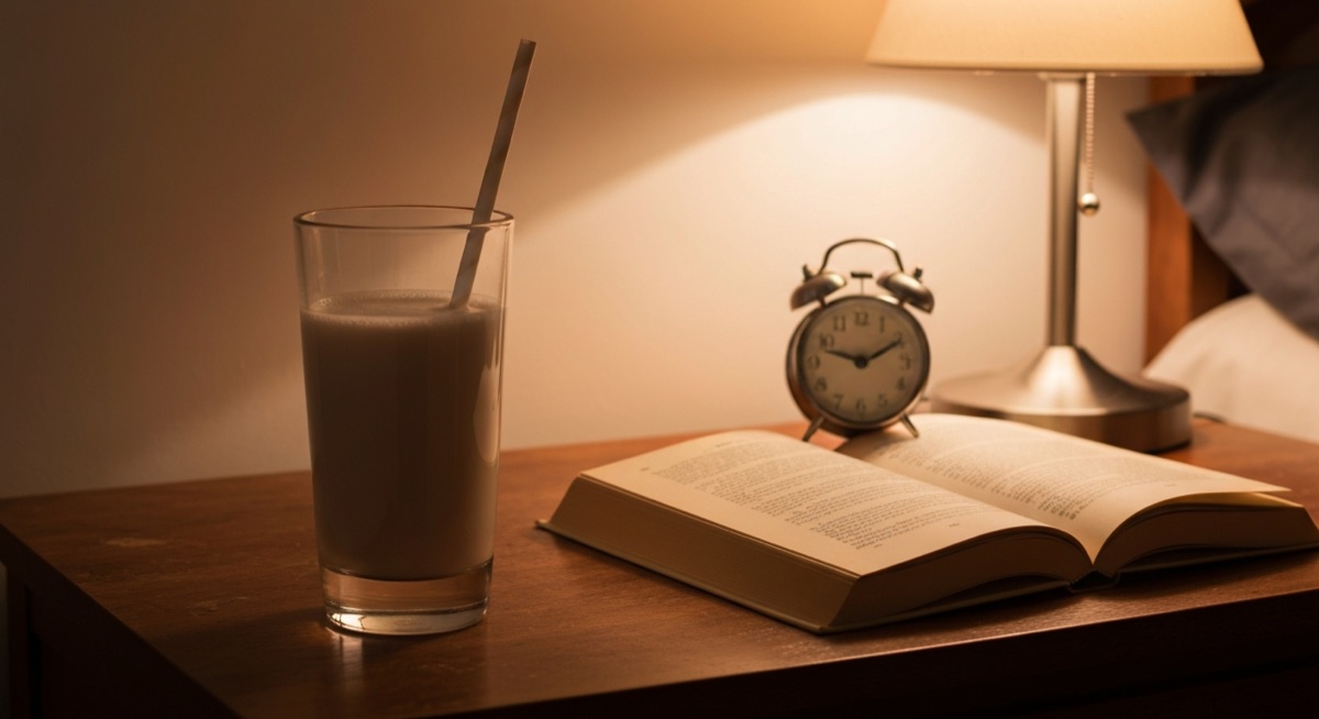 Glass of casein protein shake on a bedside table with a book and a soft lamp