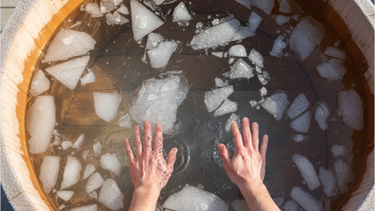 ماء بارد صافٍ يملأ حوض استحمام مع مكعبات ثلج، يوضح التحضير للعلاج بالماء البارد.