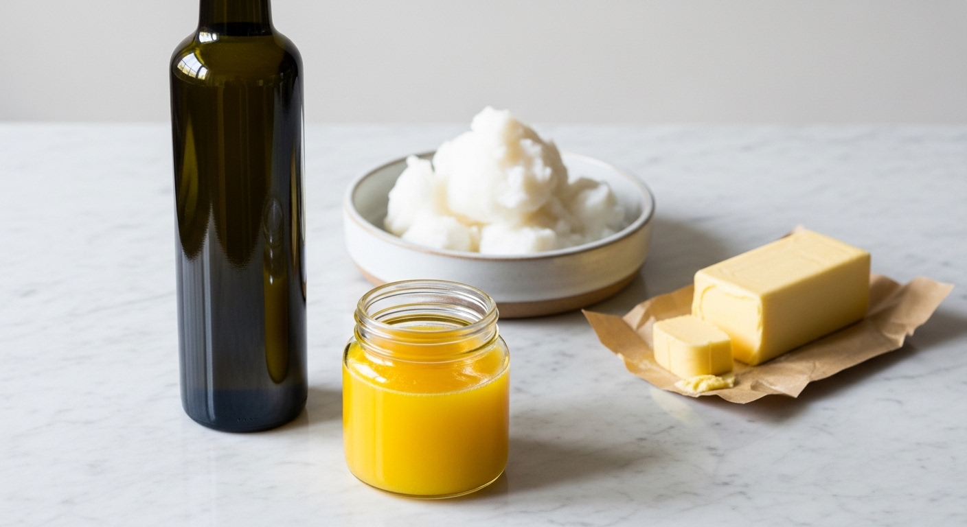زجاجات زجاجية من زيت الزيتون والسمن والشحم على منضدة المطبخ.