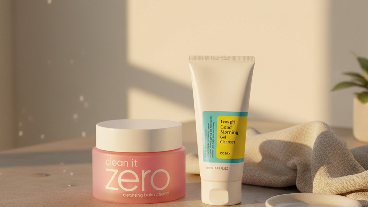 منضدة حمام عليها ماء ميسيلار وحليب منظف ومنظف رغوي لطيف كبدائل خالية من الزيوت