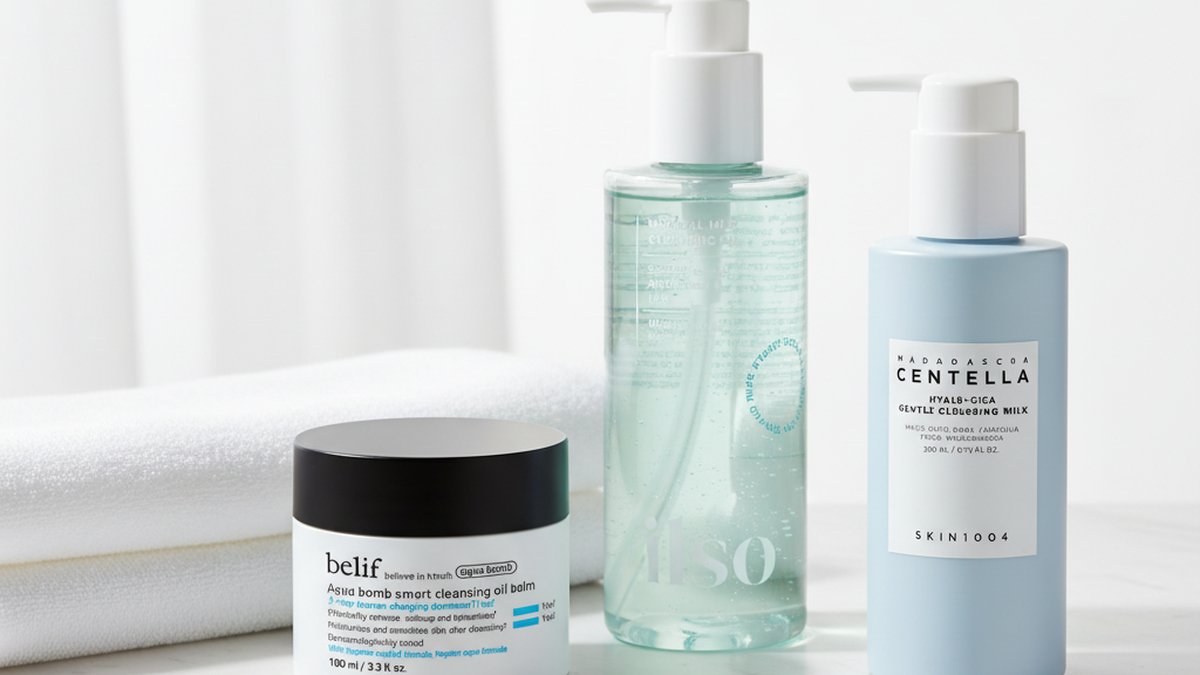 رف حمام عليه بلسم منظف وغسول رغوي لطيف.