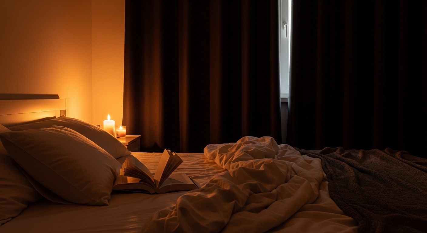 Une chambre faiblement éclairée avec un éclairage aux tons chauds, un livre sur l'oreiller et des rideaux occultants tirés.