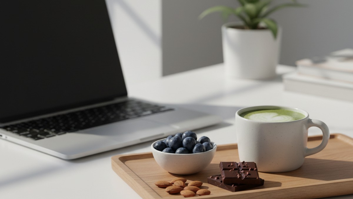 أطعمة معززة للدماغ مرتبة في أقسام تشمل التوت الأزرق والجوز والبيض والشوكولاتة الداكنة