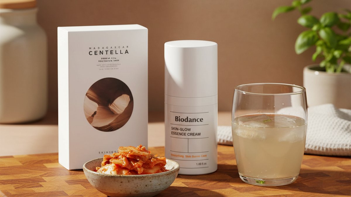 وعاء من الخضروات المخمرة الملونة بجانب كوب من الكومبوتشا على طاولة خشبية.