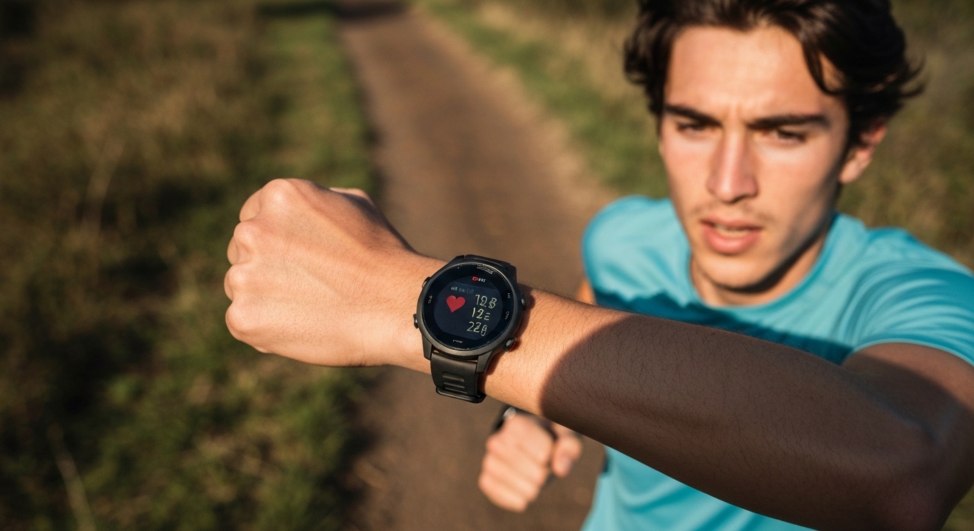 عداء يتفحص ساعة مراقبة معدل ضربات القلب مع مسار للمشي/الجري في الخلفية