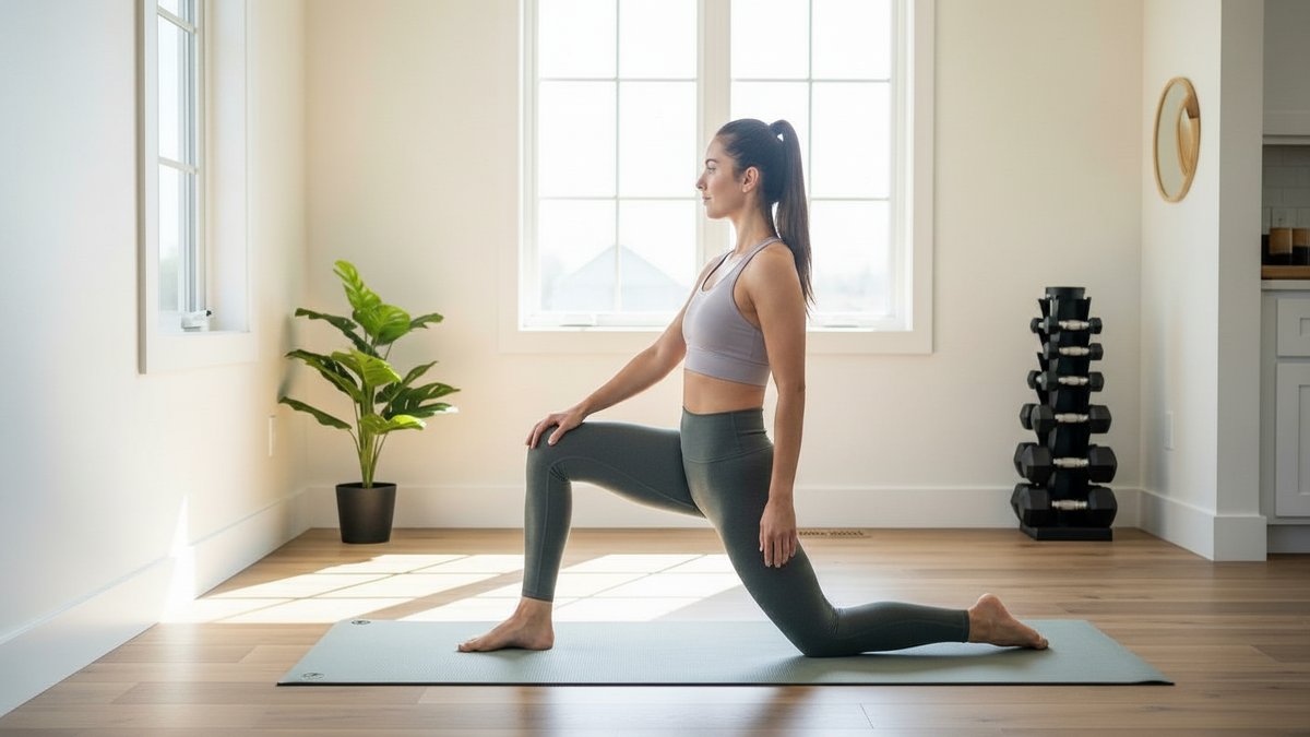 شخص يؤدي تمرين اندفاع عميق لإطالة عضلات الفخذ الأمامية على سجادة يوغا تحت إضاءة طبيعية