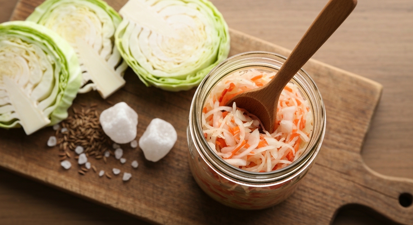 برطمان ميسون مملوء بمخلل الملفوف (ساور كراوت) الطازج مع الملفوف والملح على لوح تقطيع خشبي.