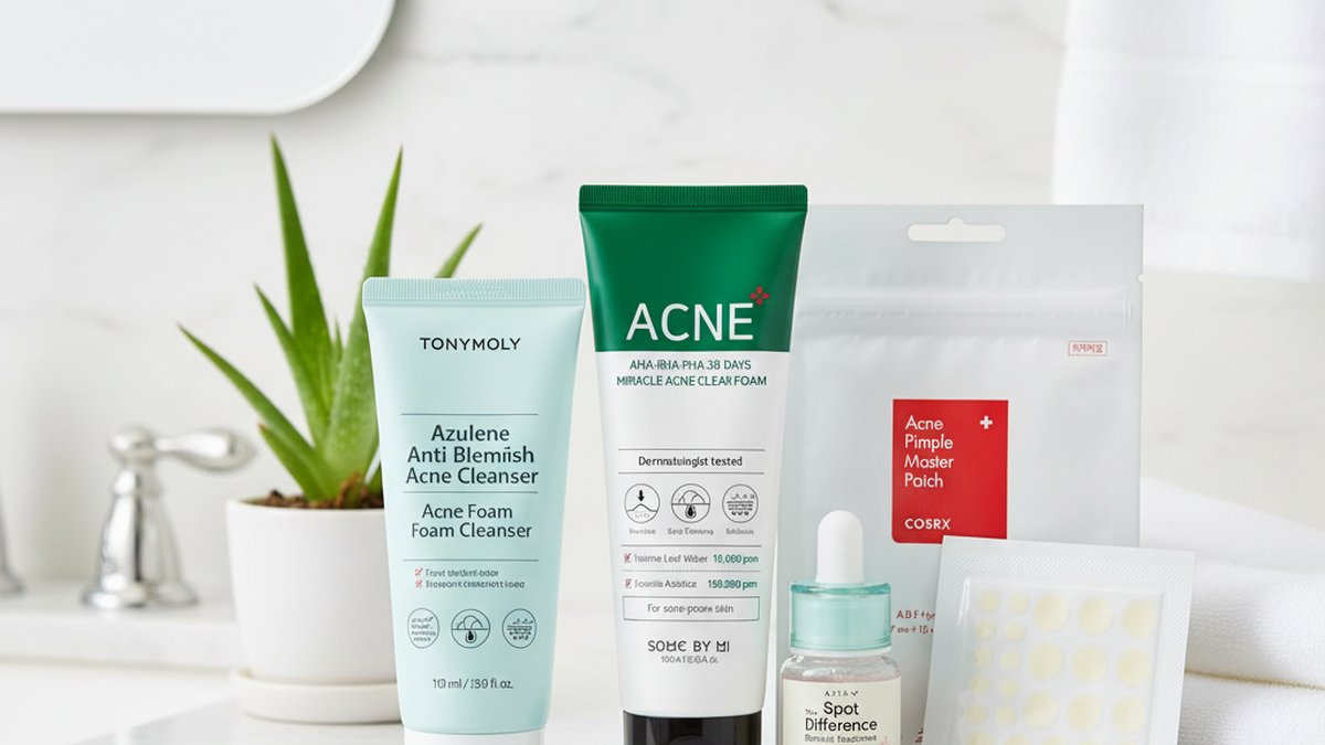 رف حمام نظيف عليه منتجات عناية بالبشرة كورية مختارة خصيصًا للبشرة المعرضة لحب الشباب.