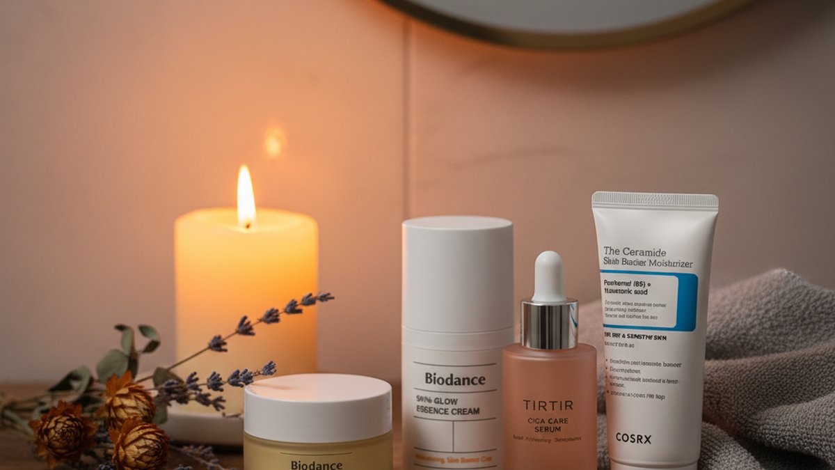 طاولة حمام نظيفة عليها منتجات عناية بالبشرة الكورية مرتبة حسب خطوات الروتين، بإضاءة مسائية ناعمة.