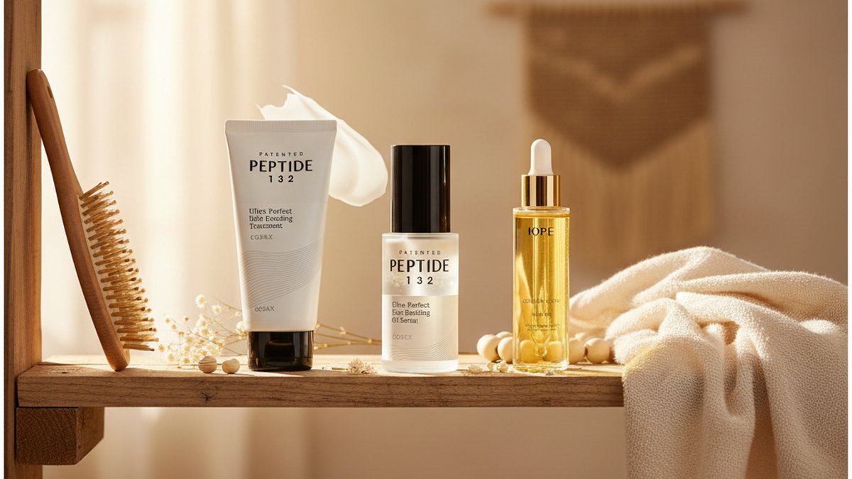 زجاجة زيت شعر الكاميليا بجانب فرشاة خشبية على قطعة قماش من الكتان