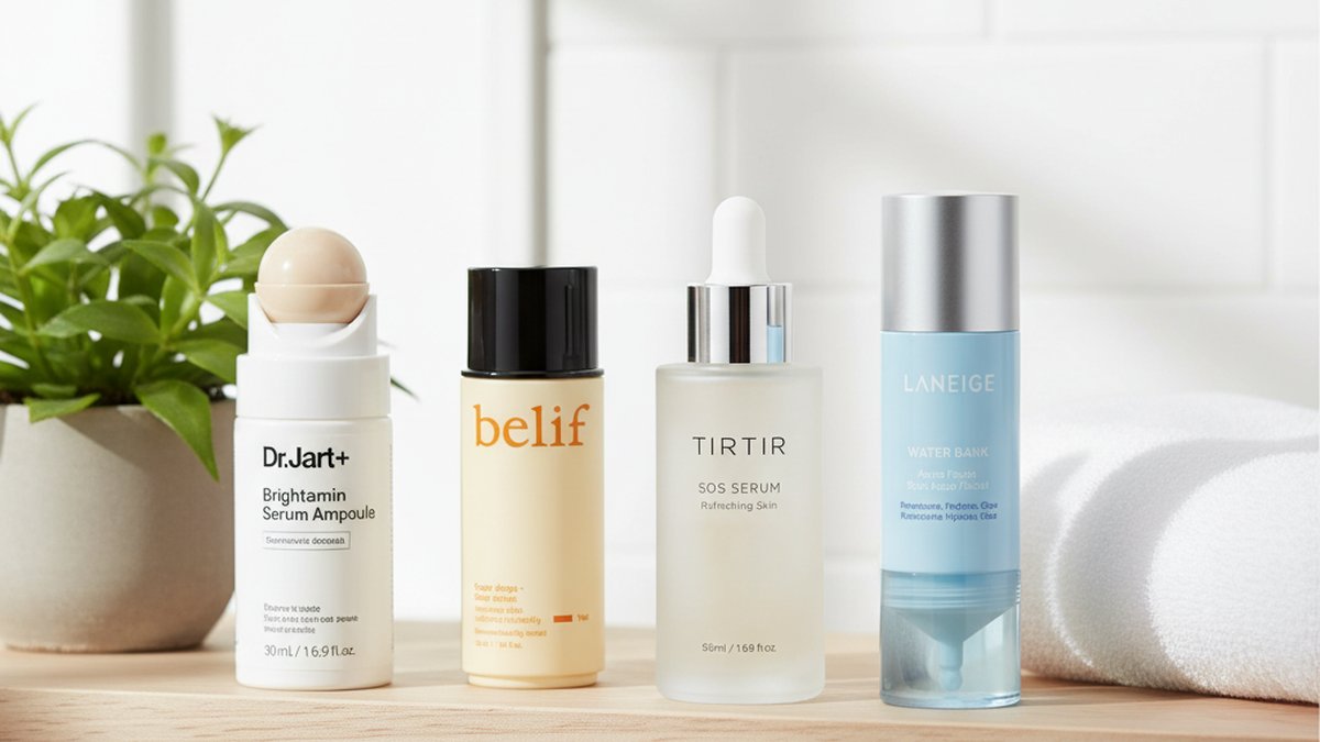 مجموعة من زجاجات السيروم الكوري وقطّاراته مرتبة على سطح رخامي بإضاءة ناعمة.