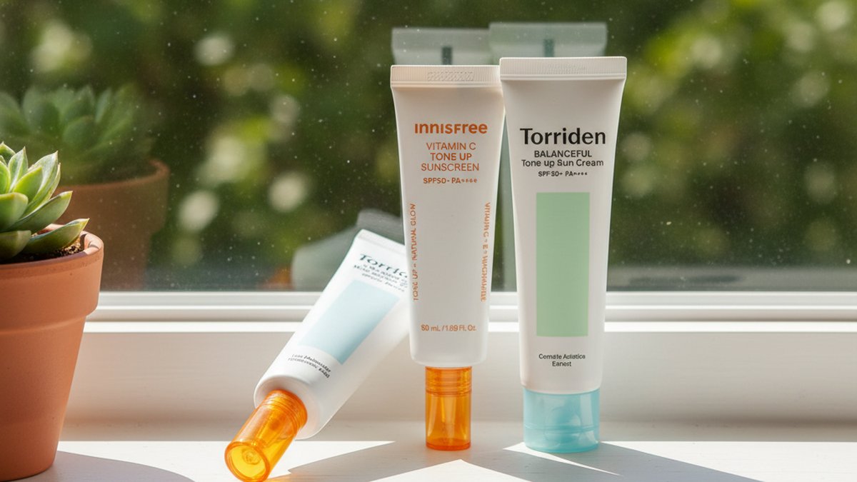 عدة أنابيب وزجاجات واقي شمس كوري مرتبة على حافة نافذة مشمسة.