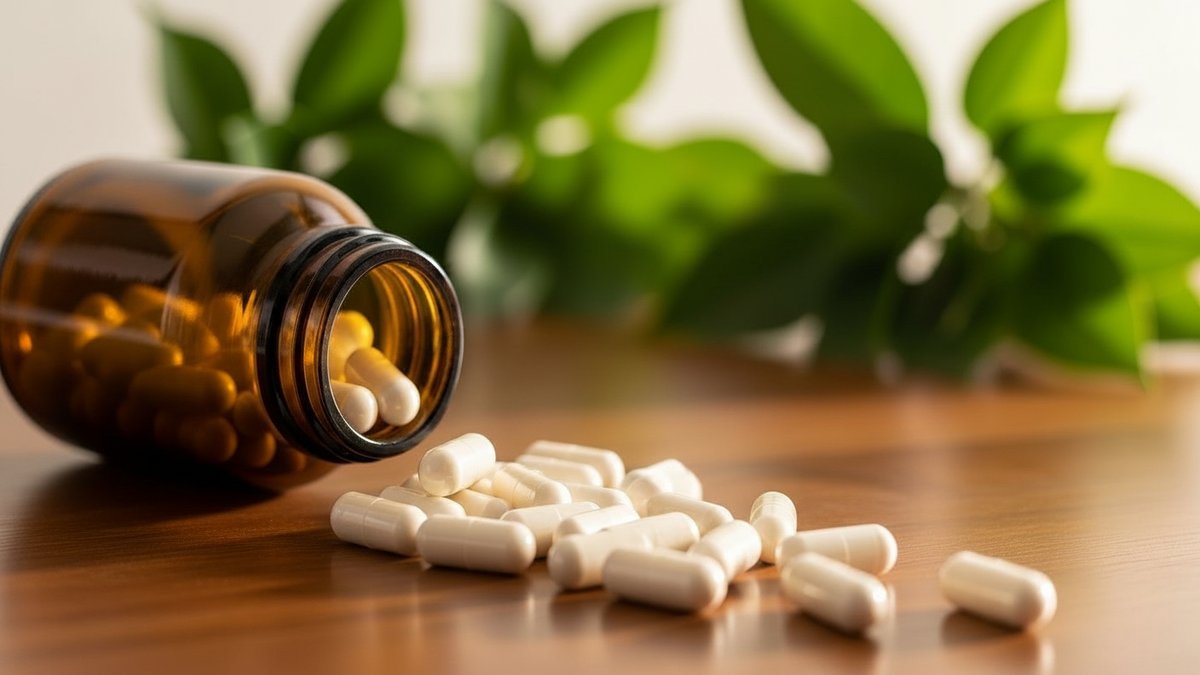 كبسولات مكمل مغنيسيوم غليسينات بجانب كوب ماء على طاولة بجانب السرير