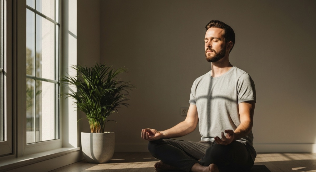 Person sitting calmly in meditation by a window with soft morning light