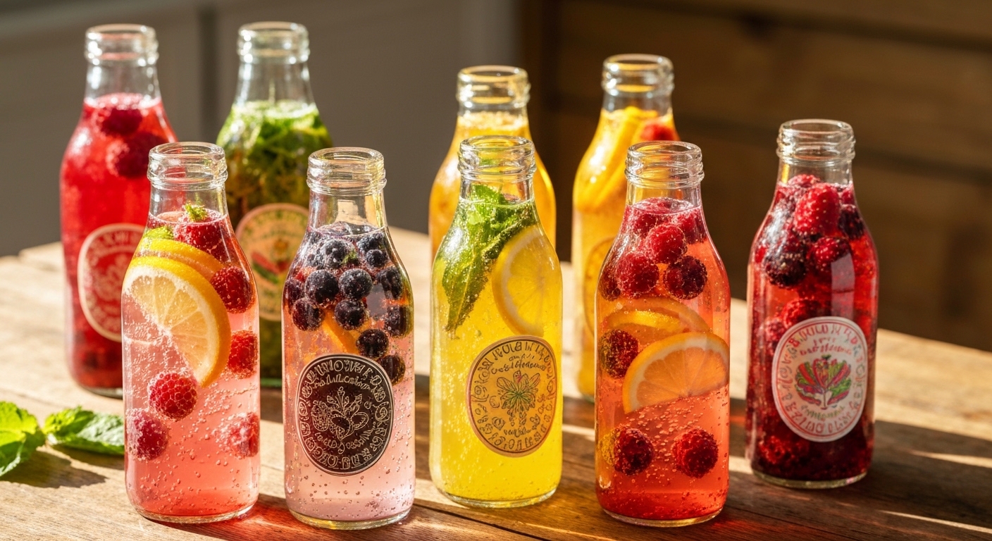 صودا فواكه طبيعية ملونة في زجاجات زجاجية مع شرائح فواكه طازجة وفقاعات فوارة