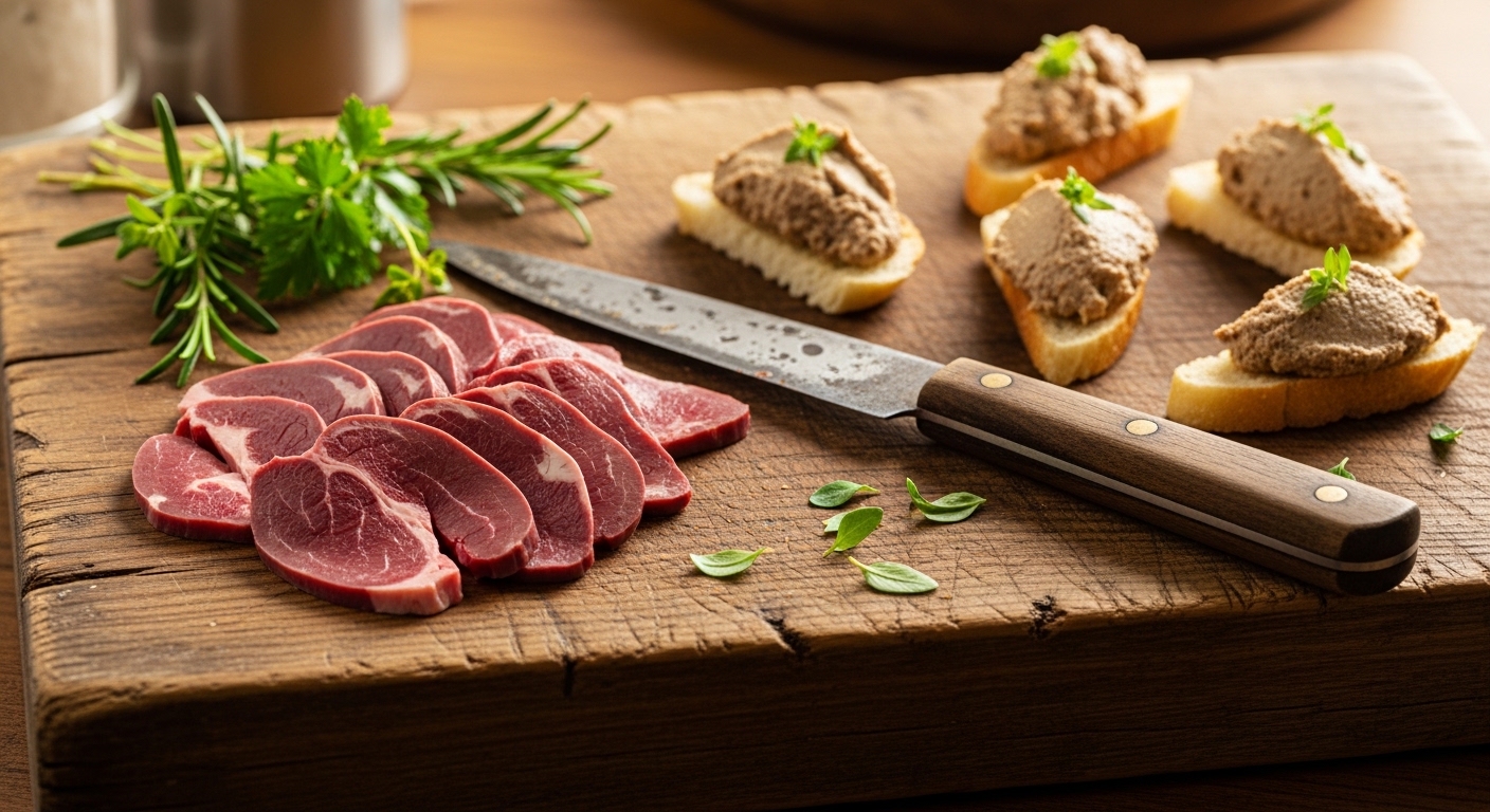 لوح تقطيع ريفي عليه شرائح قلب البقر، وباتيه كبد الدجاج، وأعشاب طازجة.