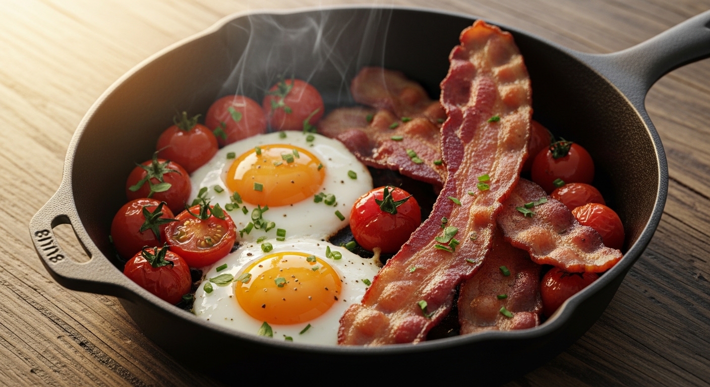 مقلاة من الحديد الزهر تحتوي على بيض ولحم مقدد وخضروات مقلية