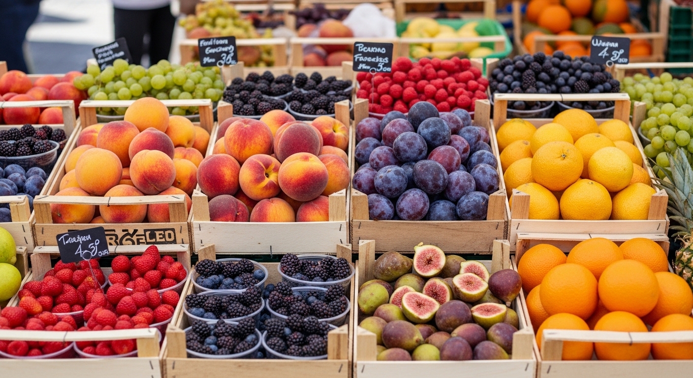 عرض في سوق للمزارعين يضم فواكه موسمية ملونة مرتبة في صناديق خشبية