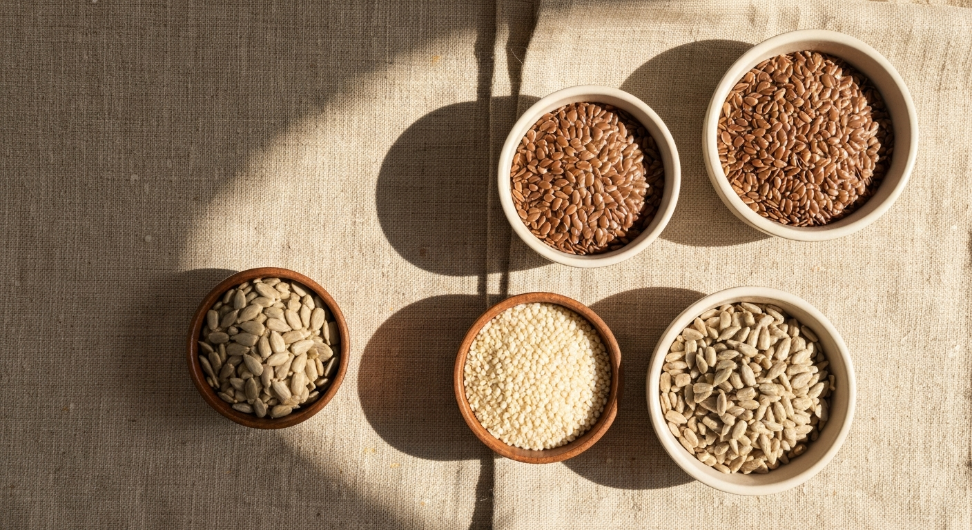 Small bowls of flax, pumpkin, sesame, and sunflower seeds arranged on a linen surface in soft light