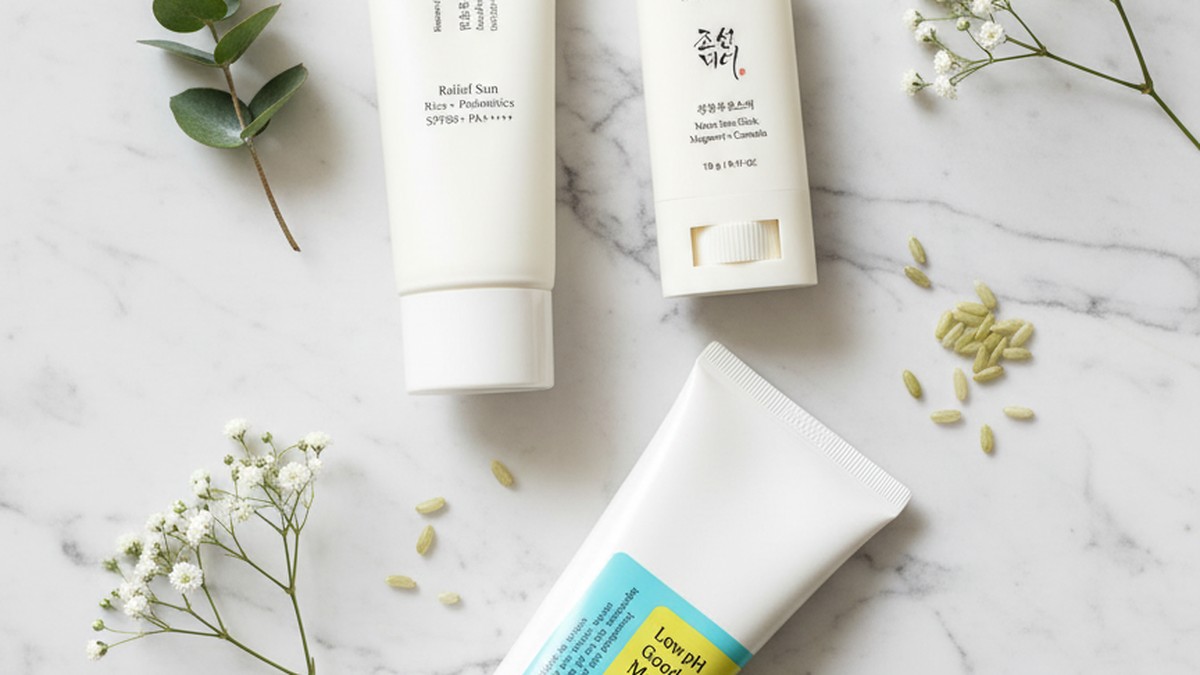 Een hardloper smeert zonnebrandcrème op voor een ochtendrun, met Koreaanse huidverzorgingsproducten in de buurt