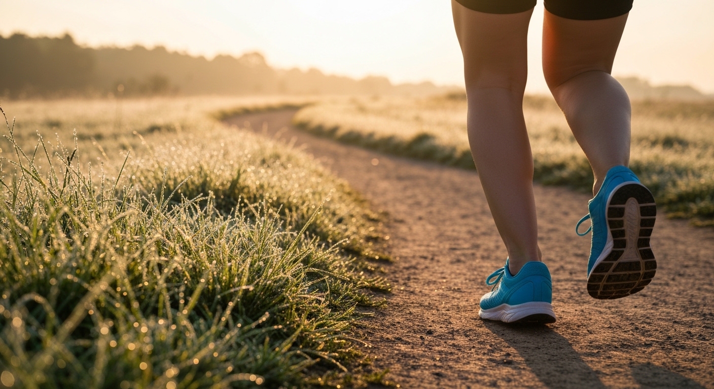 عداء على مسار صباحي هادئ مع ضوء شمس الفجر الناعم يتخلل الأشجار