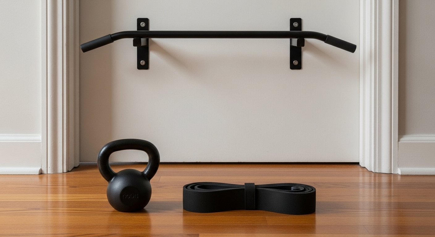 عارضة سحب مثبتة في إطار باب، مع كيتل بيل وحبل مقاومة على الأرضية بالأسفل.