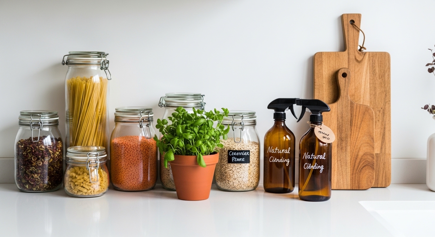 سطح مطبخ نظيف مع برطمانات تخزين زجاجية، ومنتجات تنظيف طبيعية، وأعشاب طازجة.