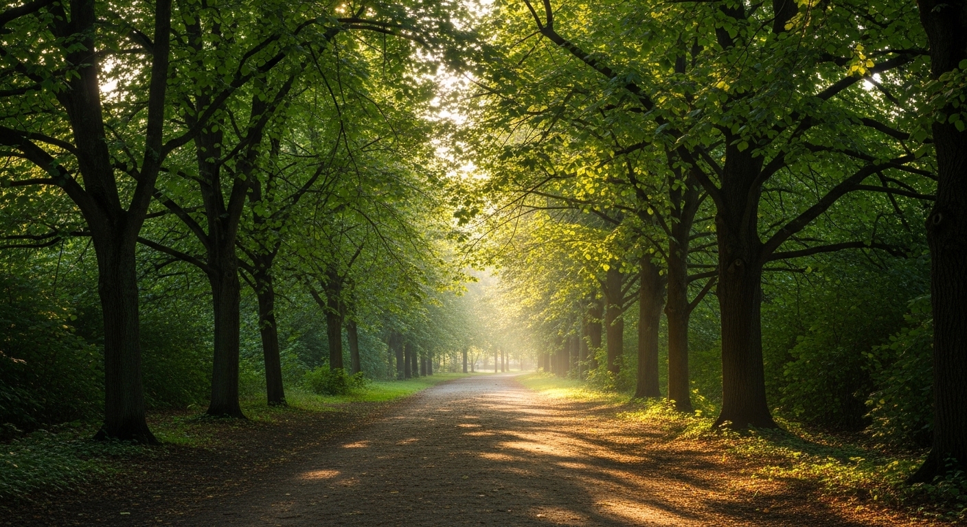 مسار تصطف على جانبيه الأشجار في حديقة، تتخلله أشعة الشمس الصباحية، يدعو إلى نزهة ممتعة.
