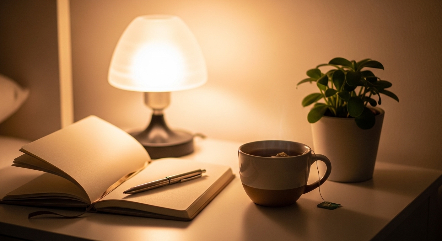Une scène de chambre paisible avec un éclairage doux, un journal et une tasse de tisane sur la table de chevet.