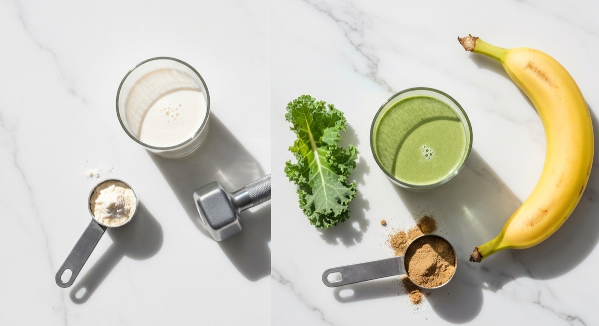 Whey and plant protein scoops side by side on a kitchen scale