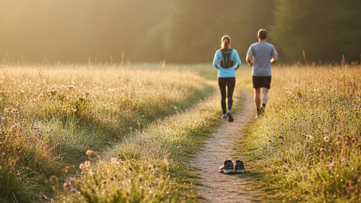 Une personne marche d'un bon pas en extérieur à l'heure dorée, une petite montre connectée visible